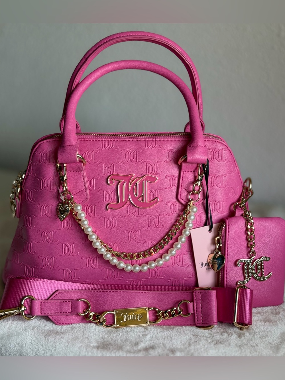 Juicy Couture Heritage Sporty Satchel Tote Bag Hot Pink Pearl Charm Crossbody